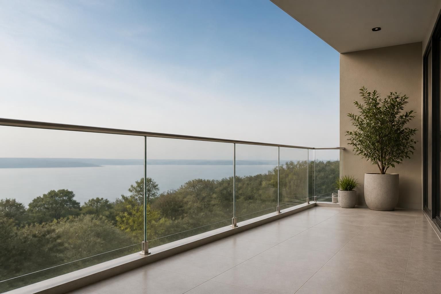 Clean balcony space with glass panels and open negative space.