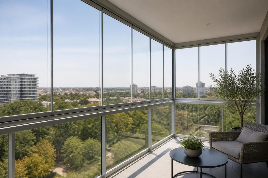 Modern balcony enclosure with glass panels and aluminum framing.