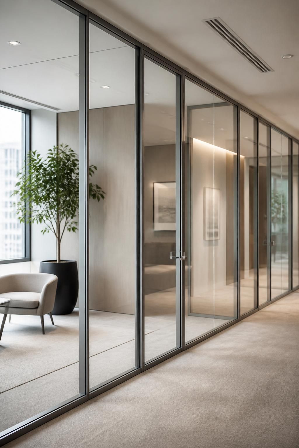 Bright office interior with glass partition walls and aluminum frames.